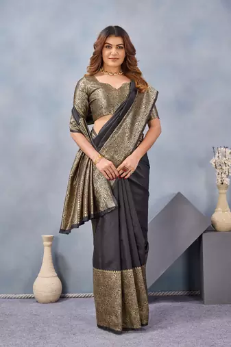 Black silk blend banarasi saree with unstitched blouse piece