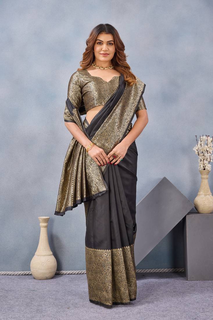 Black silk blend banarasi saree with unstitched blouse piece