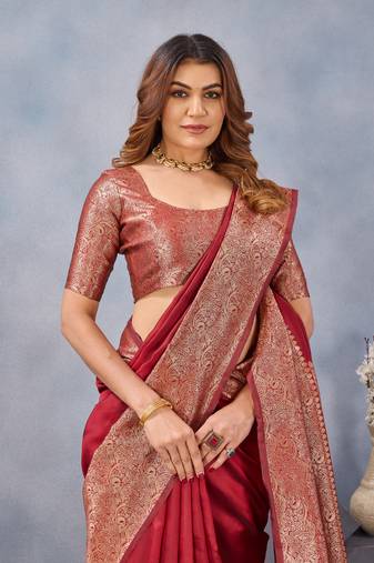 Maroon soft silk blend banarasi jacuard work designer party wear saree with unstitched blouse piece