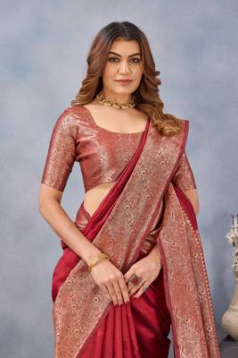 Maroon silk blend banarasi saree with unstitched blouse piece 1