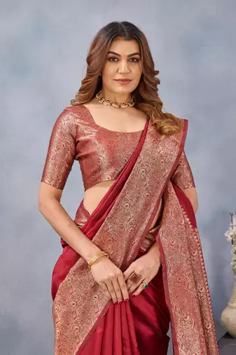 Maroon silk blend banarasi saree with unstitched blouse piece