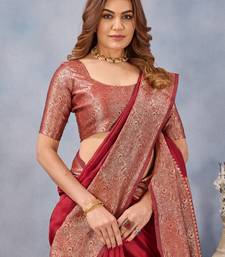 Maroon silk blend banarasi saree with unstitched blouse piece