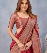 Maroon silk blend banarasi saree with unstitched blouse piece