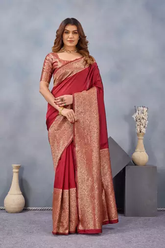Maroon silk blend banarasi saree with unstitched blouse piece