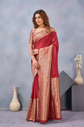 Maroon silk blend banarasi saree with unstitched blouse piece