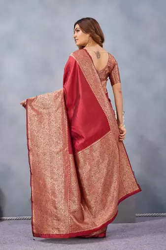 Maroon silk blend banarasi saree with unstitched blouse piece