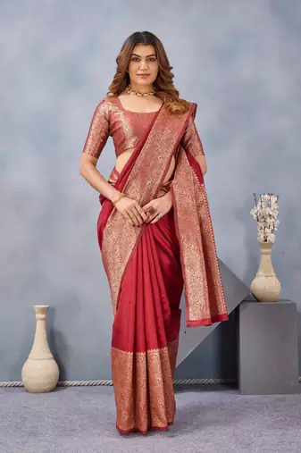 Maroon silk blend banarasi saree with unstitched blouse piece