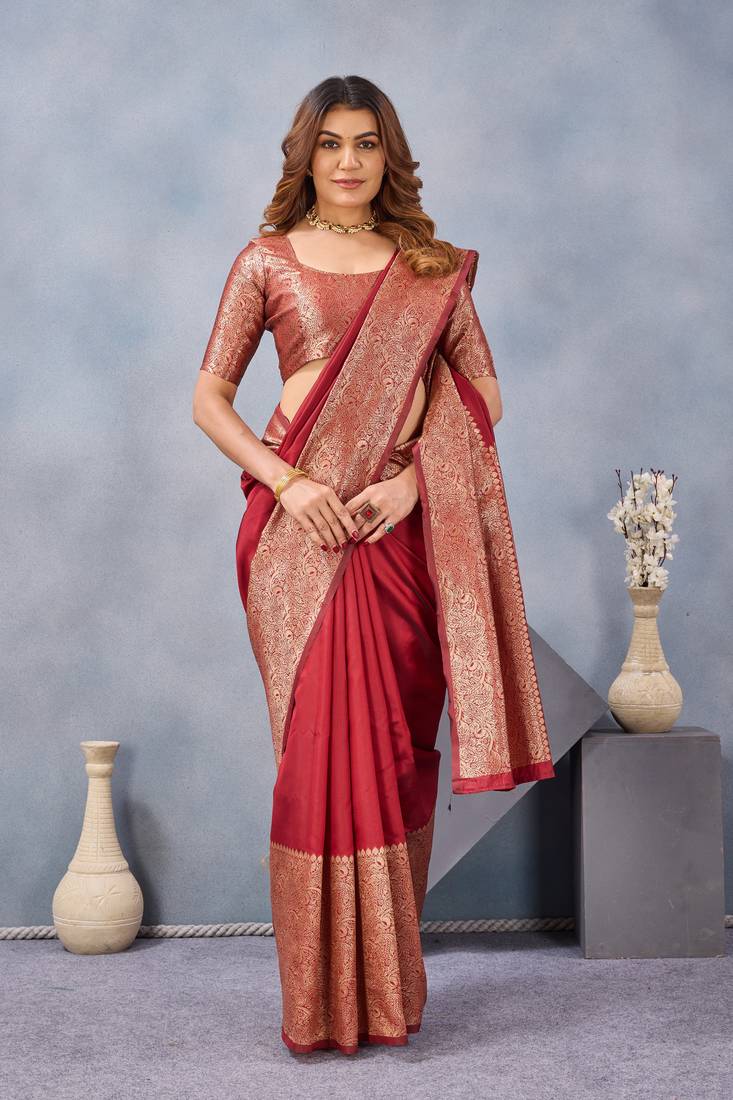 Maroon silk blend banarasi saree with unstitched blouse piece