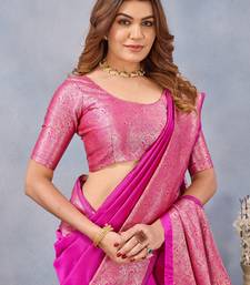 Pink silk blend banarasi saree with unstitched blouse piece