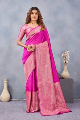 Pink silk blend banarasi saree with unstitched blouse piece 2