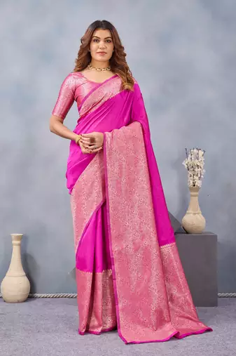Pink silk blend banarasi saree with unstitched blouse piece