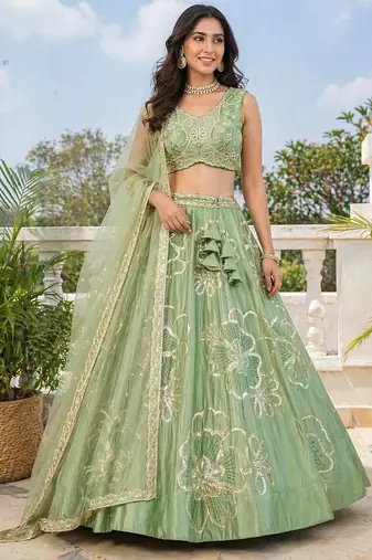 Premium Sage Green Embroidered Lehenga Choli with Dupatta