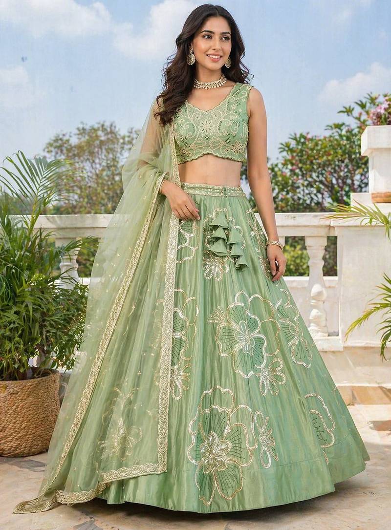 Premium Sage Green Embroidered Lehenga Choli with Dupatta