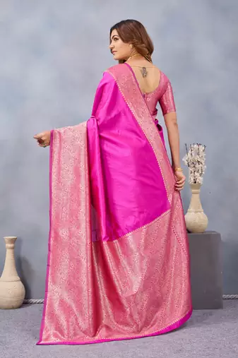 Pink silk blend banarasi saree with unstitched blouse piece