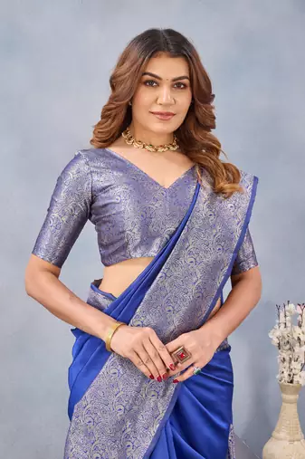 Royal blue silk blend banarasi saree with unstitched blouse piece