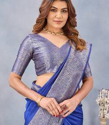 Royal blue silk blend banarasi saree with unstitched blouse piece