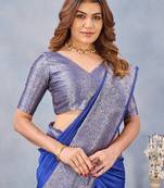 Royal blue silk blend banarasi saree with unstitched blouse piece