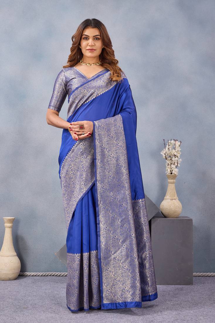 Royal blue silk blend banarasi saree with unstitched blouse piece