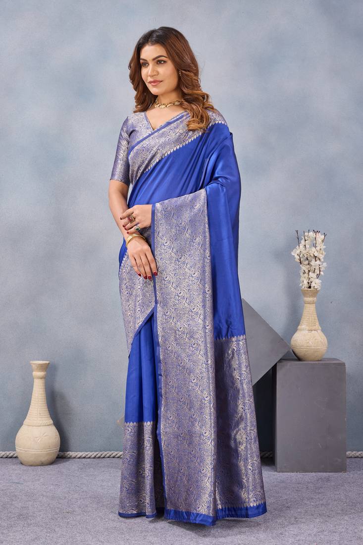 Royal blue silk blend banarasi saree with unstitched blouse piece