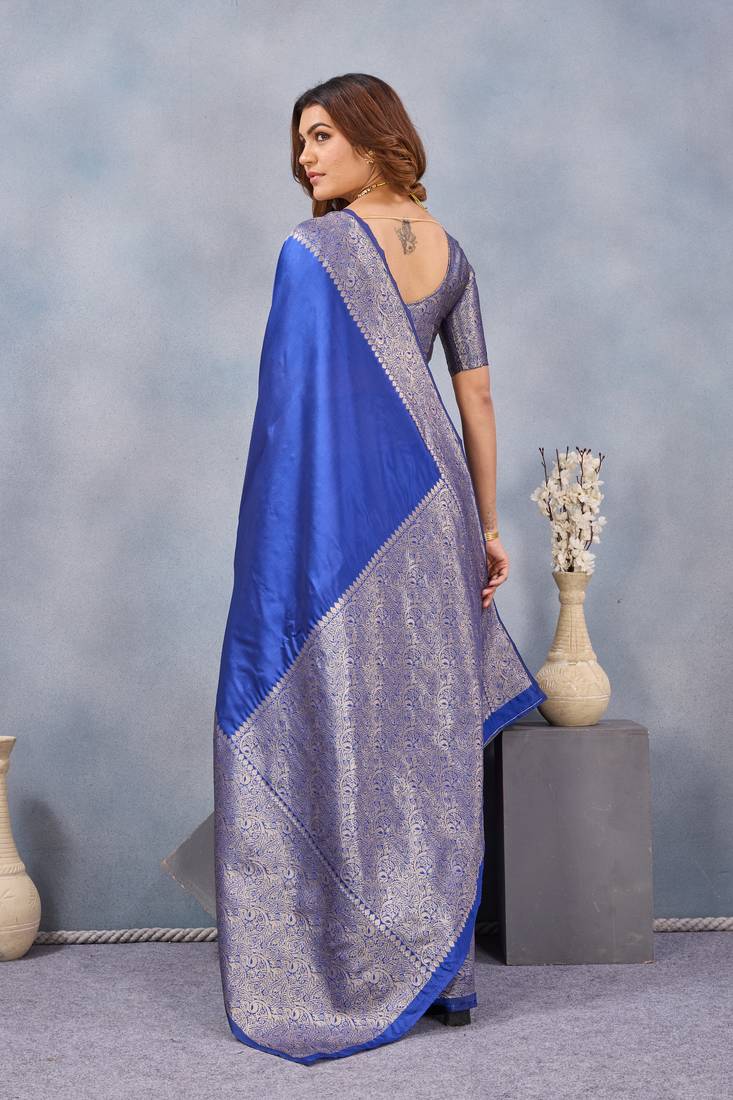 Royal blue silk blend banarasi saree with unstitched blouse piece