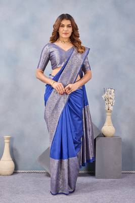 Royal blue silk blend banarasi saree with unstitched blouse piece 5