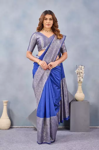 Royal blue silk blend banarasi saree with unstitched blouse piece