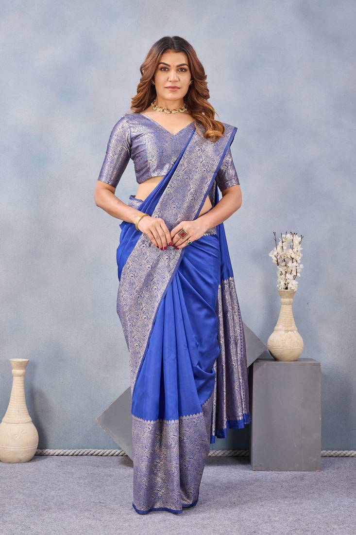 Royal blue silk blend banarasi saree with unstitched blouse piece
