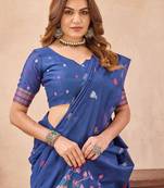 Blue linen festive saree with unstitched blouse piece