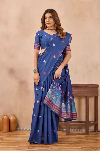 Blue linen festive saree with unstitched blouse piece