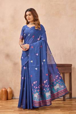 Blue linen festive saree with unstitched blouse piece 3