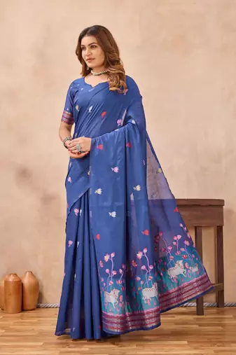 Blue linen festive saree with unstitched blouse piece
