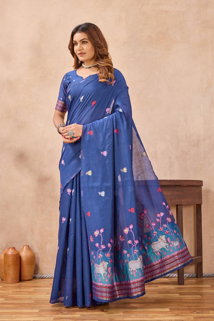 Blue linen festive saree with unstitched blouse piece