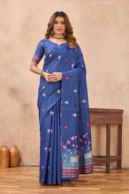 Blue linen festive saree with unstitched blouse piece 4