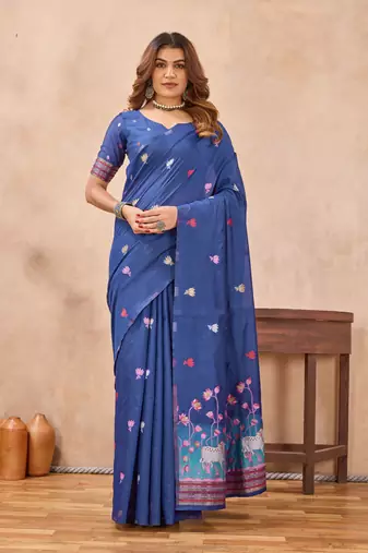 Blue linen festive saree with unstitched blouse piece