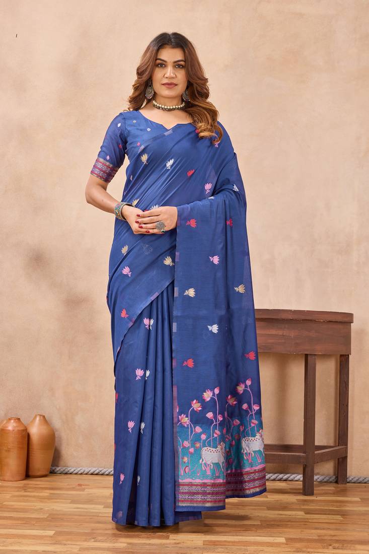 Blue linen festive saree with unstitched blouse piece