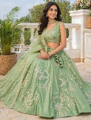Premium Sage Green Embroidered Lehenga Choli with Dupatta 2