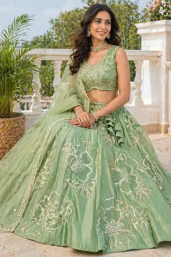 Premium Sage Green Embroidered Lehenga Choli with Dupatta