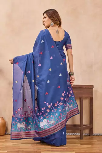 Blue linen festive saree with unstitched blouse piece