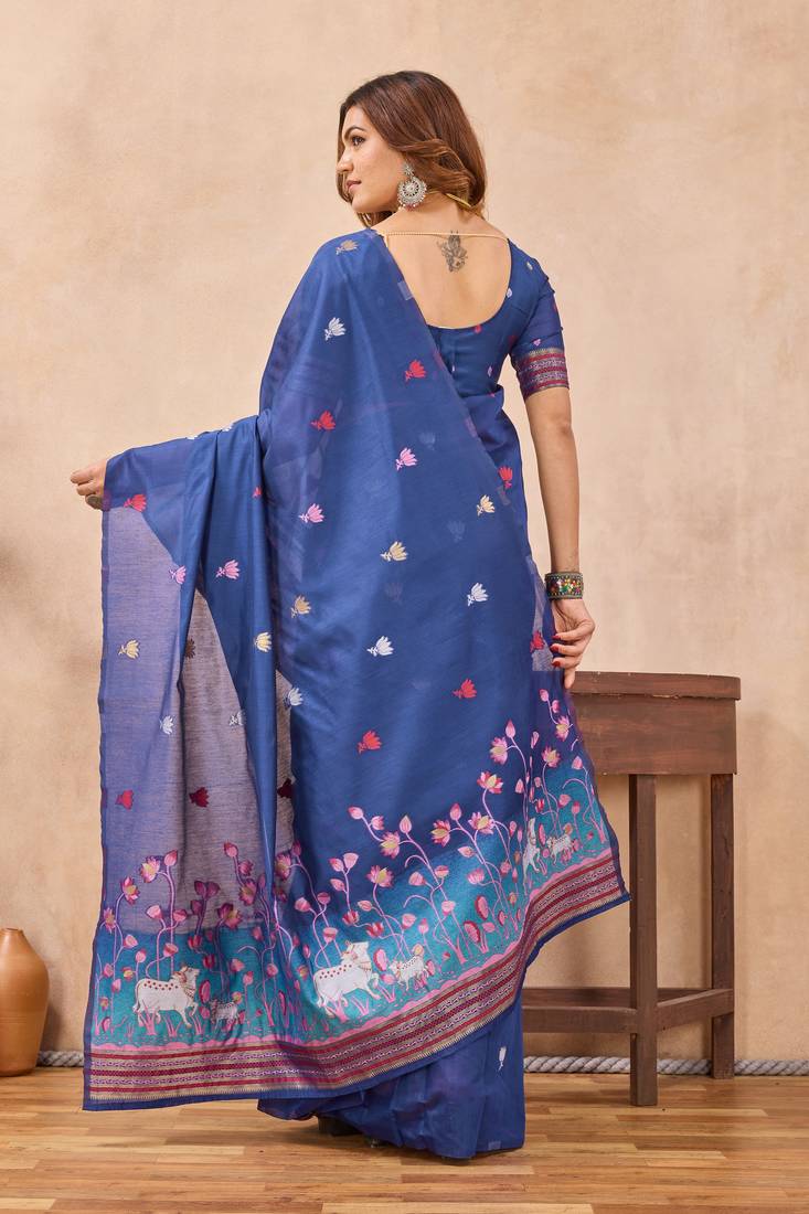 Blue linen festive saree with unstitched blouse piece