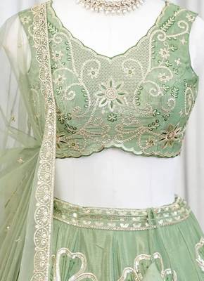 Premium Sage Green Embroidered Lehenga Choli with Dupatta 3