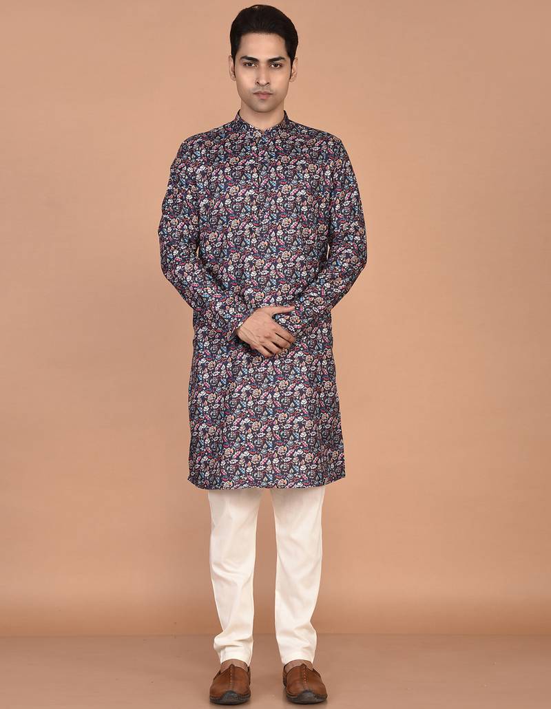 Men's floral printed cotton straight  kurta