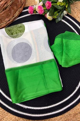 Green printed satin border saree with unstitched blouse
