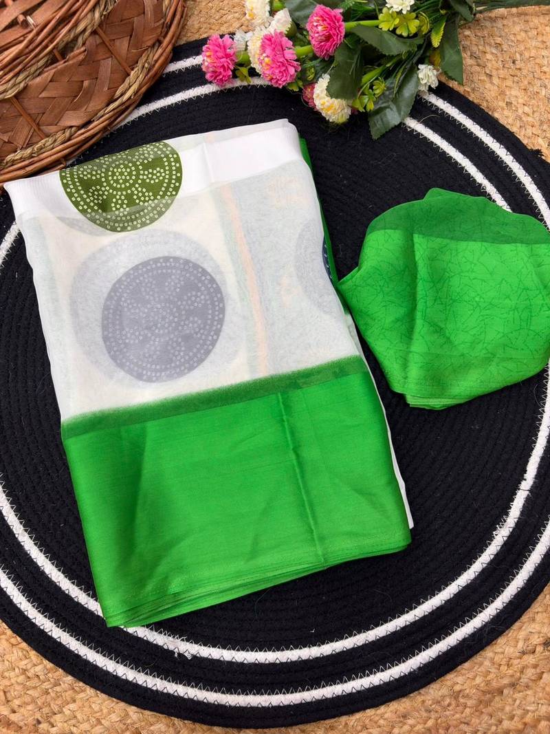 Green printed satin border saree with unstitched blouse