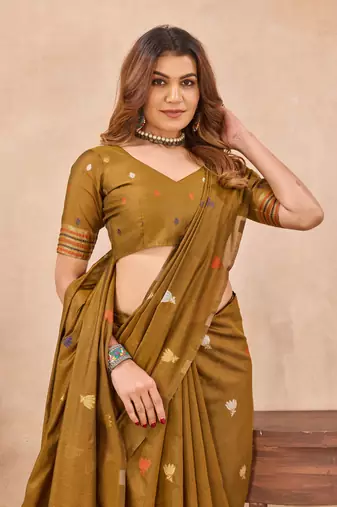 Mustard linen festive saree with unstitched blouse piece