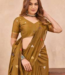 Mustard linen festive saree with unstitched blouse piece