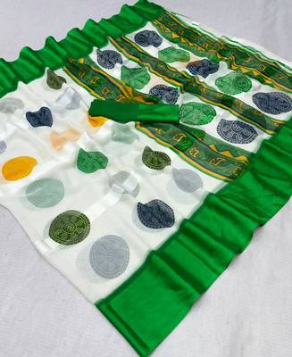 Green printed satin border saree with unstitched blouse 2