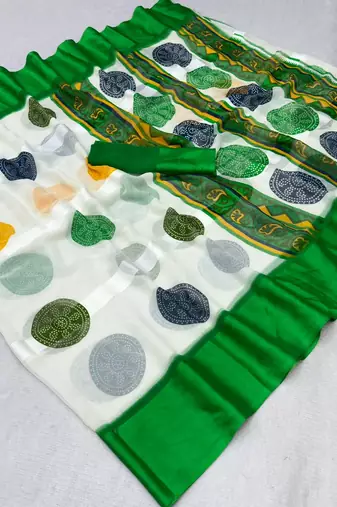 Green printed satin border saree with unstitched blouse