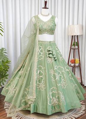 Premium Sage Green Embroidered Lehenga Choli with Dupatta 5