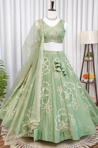 Premium Sage Green Embroidered Lehenga Choli with Dupatta