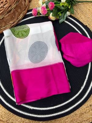 Pink printed satin border saree with unstitched blouse 1
